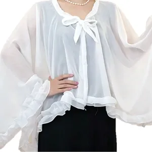 Summer thin sunscreen shawl cape, white chiffon bow bell sleeve for outdoor UV protection.