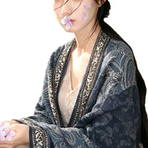 Ethnic style paisley shawl for women, dark blue vintage print cape, elegant travel scarf.