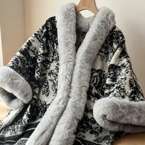 Autumn winter faux cashmere cape with grey plush collar stylish warm outerwear cloak shawl