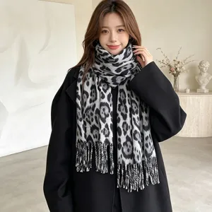 Autumn winter retro leopard print fringe scarf long warm cozy shawl fashion neckerchief