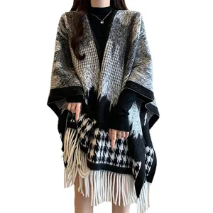 Autumn winter black white plaid tassel cape Korean style cozy warm fashion outerwear shawl