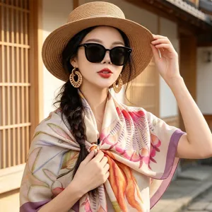 French vintage floral print silk scarf large square shawl for women spring autumn travel photo
