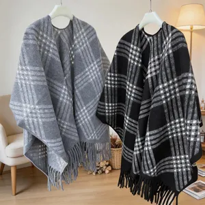 Women's autumn winter warm plaid shawl cape stylish fringe outer wear cozy blanket scarf