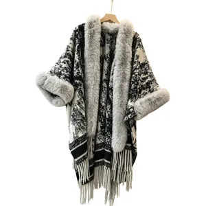 Autumn winter imitation cashmere poncho upscale fur collar spliced tassel knit cape coat warm outerwear