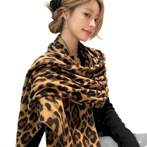 Retro leopard print winter warm scarf fashion thick long shawl for women daily stylish wear