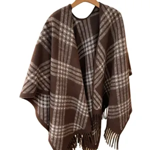 Women autumn winter warm plaid shawl cape vintage fringe poncho elegant outerwear scarf