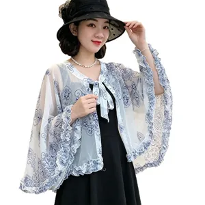 Women summer sheer sun protection shawl blue porcelain print ruffled cape outer cloak outdoor