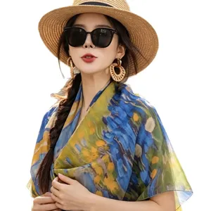 French vintage artistic print silk scarf, large square shawl for women, spring autumn travel wear.