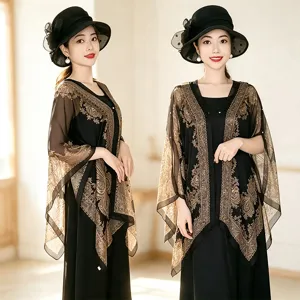 Women summer chiffon embroidered shawl elegant cape sunscreen beach scarf travel wrap