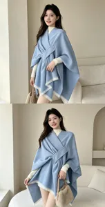 Elegant autumn winter solid color blue wrap cape shawl with fringe for women fashion style