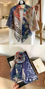 Retro elegant printed square scarf, versatile thin patchwork design for women's summer wear.