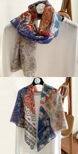 Retro elegant printed square scarf detail showing vibrant patchwork patterns and lightweight fabric.