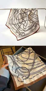 Vintage chain print square silk scarf detail showcasing brown border and elegant pattern