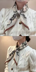 Chic retro chain print silk scarf for women, elegant square neckerchief detail view, vintage style.