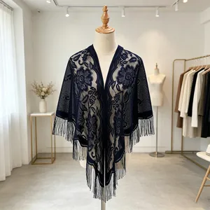 Women Elegant Lace Hollow Out Triangle Scarf Shawl Lightweight Tassel Fringe Stole Wrap For Daily Party