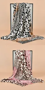 Leopard print satin square scarf, retro elegant silk feel headscarf for women detail view.