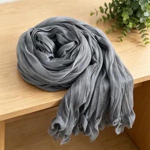 Thin breathable crinkled gray scarf, versatile literary style soft sun shawl and wrap.