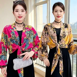 Women Summer Thin Sun Protection Shawl Chiffon Ice Silk Cardigan Long Sleeve Floral Vintage Casual Beach Cover Up Top