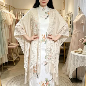 Women Fashion Hollow Lace Shawl Elegant Long Open Front Cardigan Scarf Lightweight Summer Beach Wrap Cape Outerwear