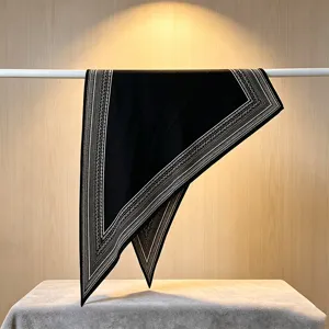 Black geometric border silk triangle scarf, elegant retro lightweight shawl for women.