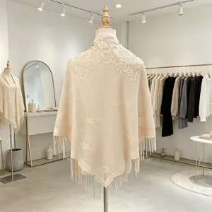 Beige knitted lace triangle shawl fringe cape for women spring autumn daily outer wear