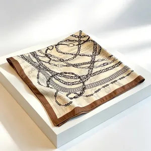 Elegant square silk scarf with vintage chain print, perfect versatile accessory for women's fashion.