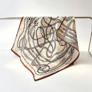 Retro chain print square silk scarf for women, elegant luxury style headscarf shawl accessory.