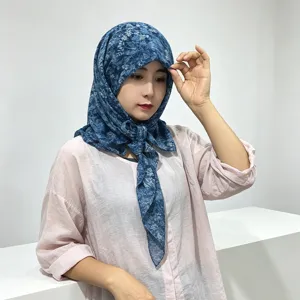 Women's blue floral headscarf breathable cotton linen retro hijab fashion shawl main view