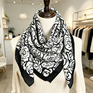 Rétro noir blanc rose floral coton lin carré foulard élégant vintage 90cm femme châle doux