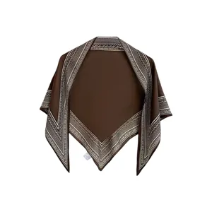Stylish dark brown triangle scarf with intricate geometric border. Perfect summer fashion accessory.