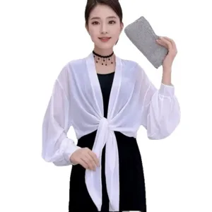 Women summer white sun protection shawl cardigan, breathable chiffon long sleeve tie front.
