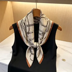 Retro chain print square silk scarf, elegant versatile fashion neckerchief shawl.
