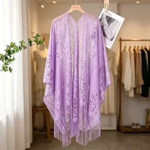 Summer thin purple lace hollow out shawl cardigan elegant women beach cover up outerwear top