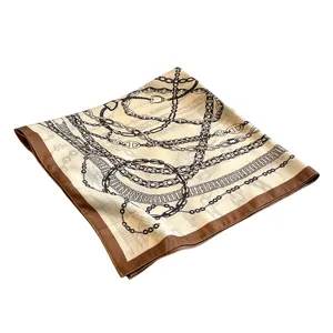 Retro chain print square silk scarf with elegant brown border, versatile fashion shawl.
