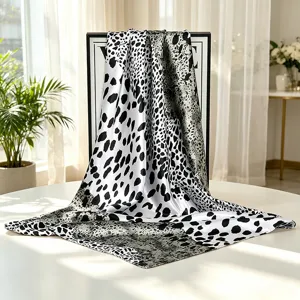 Elegant black white leopard print satin square scarf, retro versatile luxury silk scarf.