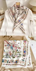Vintage floral silk scarf elegant retro large square neckerchief stylish wrap for women