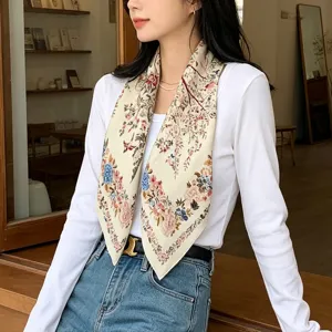 Vintage floral square scarf for women, elegant silk feel neckerchief fashion shawl wrap.