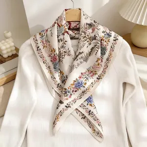 Vintage floral silk square scarf, elegant botanical print shawl for women, stylish neckerchief.