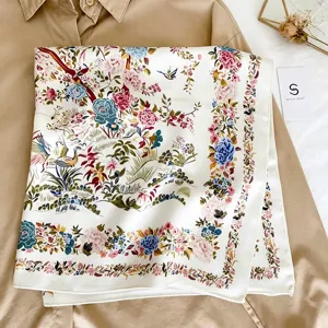 Classic vintage floral printed square silk scarf, elegant fashion shawl and versatile neckerchief.