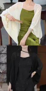 Elegant chiffon cape cardigan and matching dress detail, perfect for summer sun protection.
