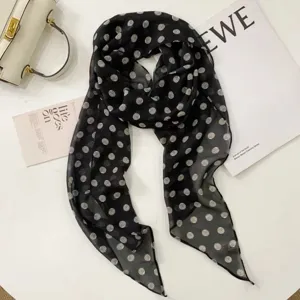 Women's black polka dot silk scarf, elegant French retro neck scarf and hair band.