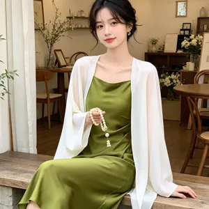 Women elegant green satin slip dress with white sheer cape shawl versatile sun protection cardigan