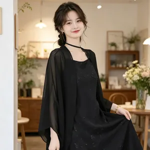 Black sheer cape cardigan set elegant sun protection shawl versatile outer wear chic