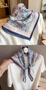 Paisley print silk square scarf detail, elegant neckerchief and stylish travel photo shawl.