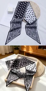 Sciarpa sottile in bianco e nero con pois e motivo cachemire, elegante foulard da collo.