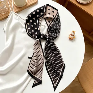Classic black and white polka dot narrow silk scarf, elegant long twilly for hair and neck.