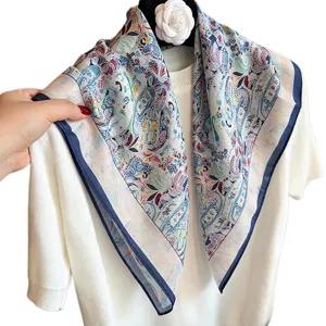 Women elegant paisley print square silk scarf, versatile neckerchief and stylish travel shawl.