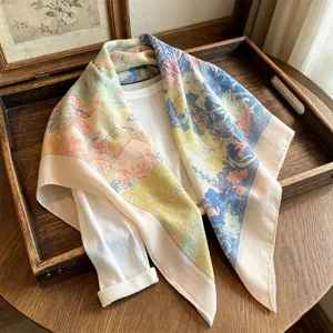 Chic floral print square scarf for women, stylish vintage vacation sun protection shawl.