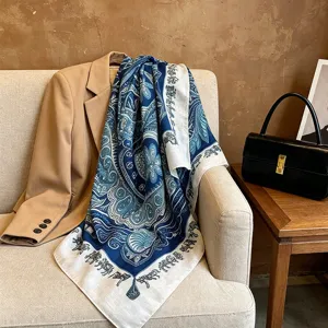 Spring summer blue printed fashion square scarf versatile shawl elegant travel sun protection