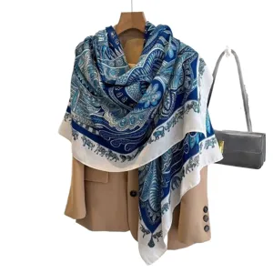 Blue white silk scarf ethnic paisley print oversized square shawl elegant fashion women neckerchief